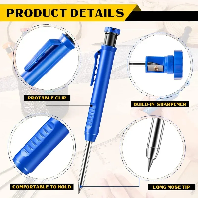 Solid Carpenter Pencil with Refill Lead and Built-in Sharpener for Deep Hole Mechanical Pencil scribing Marking Woodworking Tool