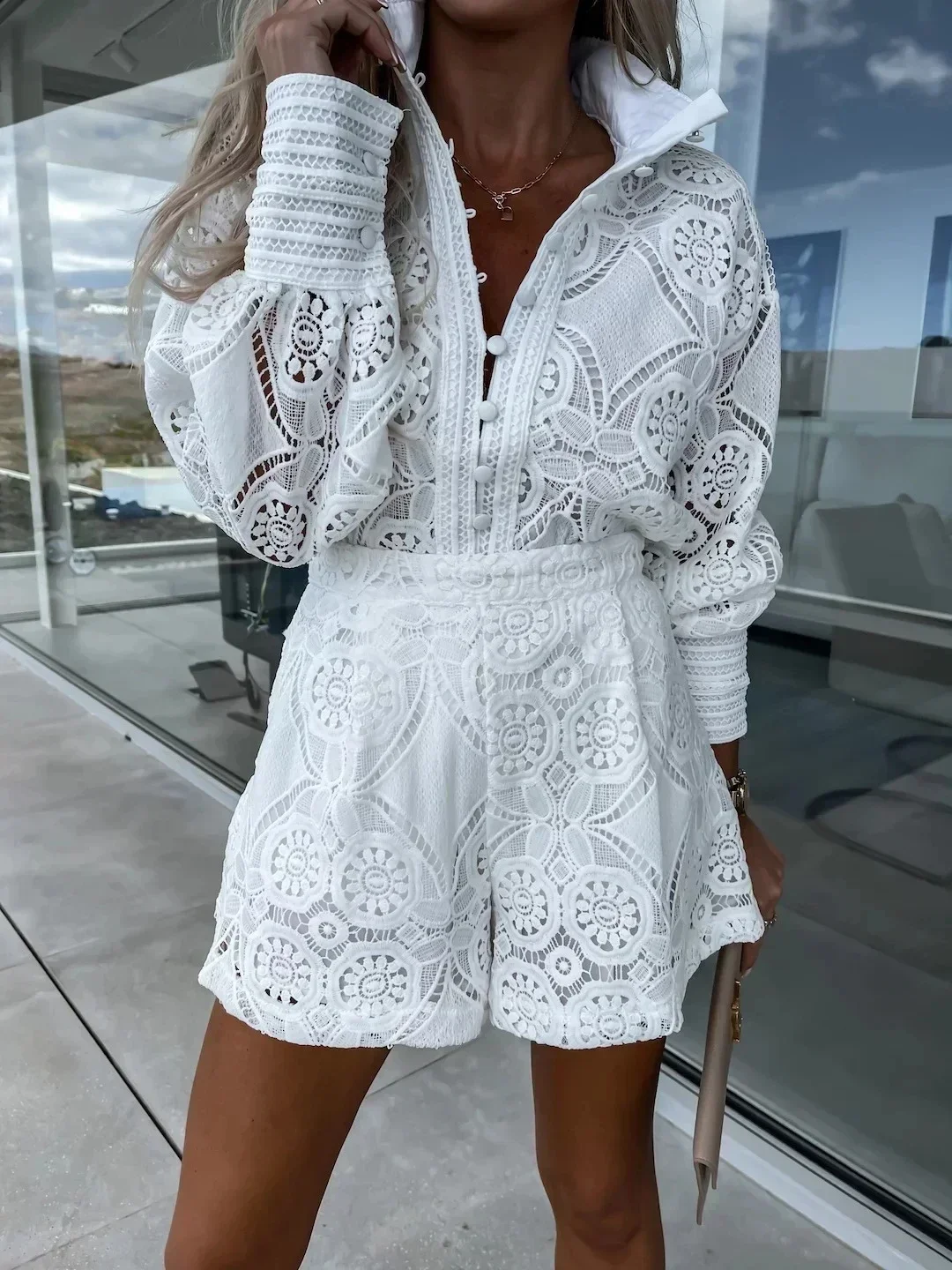 2024 Summer New Fashion Casual Style Solid Color Single Breasted Stand Collar Lace Shorts Set Temperament Charm  Sleepwear