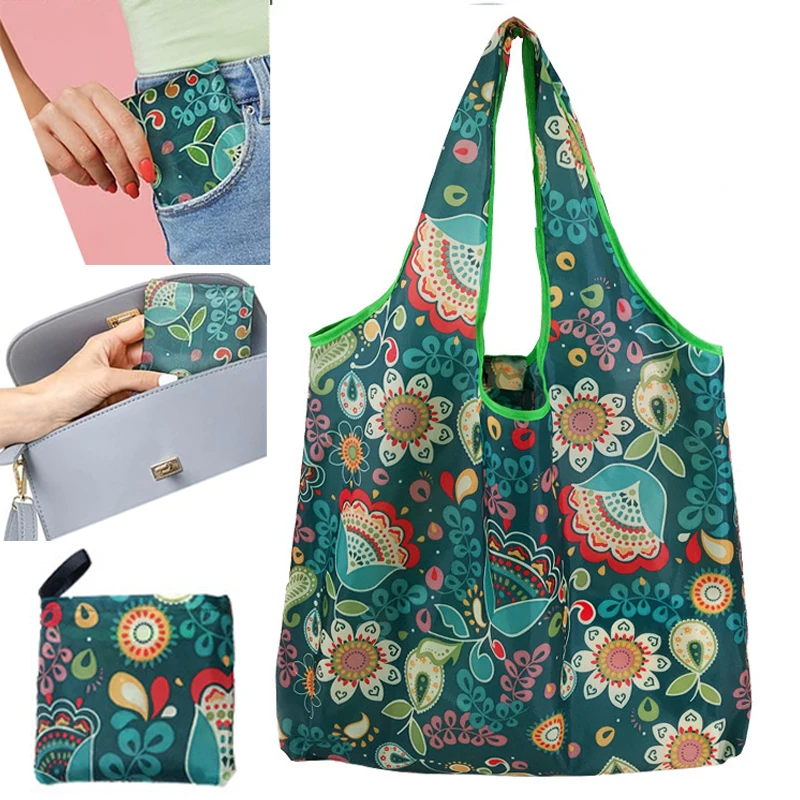 

Women Reusable Shopping Bag Foldable Bag Fashion Colorful Flower Printing Folding Recycle Handbags Tote Grocery Bag