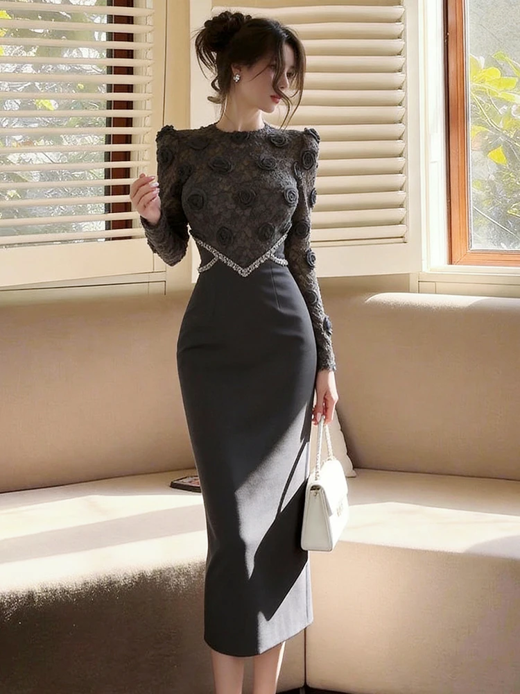 Frühling Neues Trendiges Kleid Damen Midi Bleistiftkleid Fake 2-Teilig Blumenmuster Hohe Taille Schlankes Partykleid Elegante Damenkleider Formelle Robe