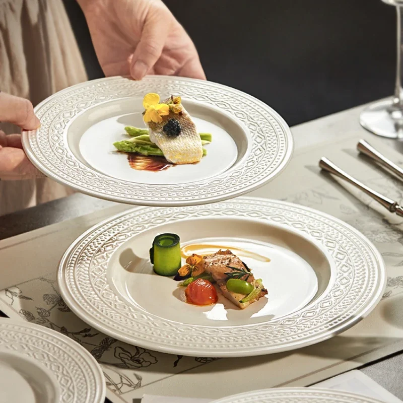 French Relief Steak Dinner Plate Deluxe Sense Light Luxury Household Ceramic Pasta Plate Kitchen Cutlery