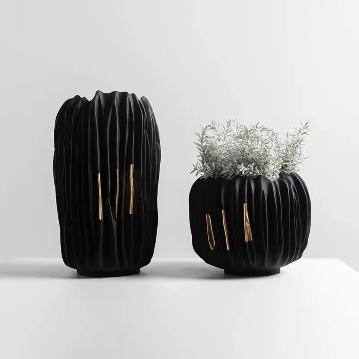 Resin Vase Black Gold Crease Texture Abstract Resin Ornament Flower Arrangement Accessories Home Decoration Vases Pots