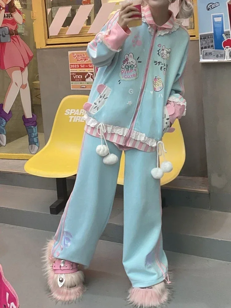 

Japanese Y2k Streetwear Outfits 2025 Japanese Harajuku Suit Casual Fashion Cartoon Hoodies +Wide Leg Pants Female Two Piece Sets