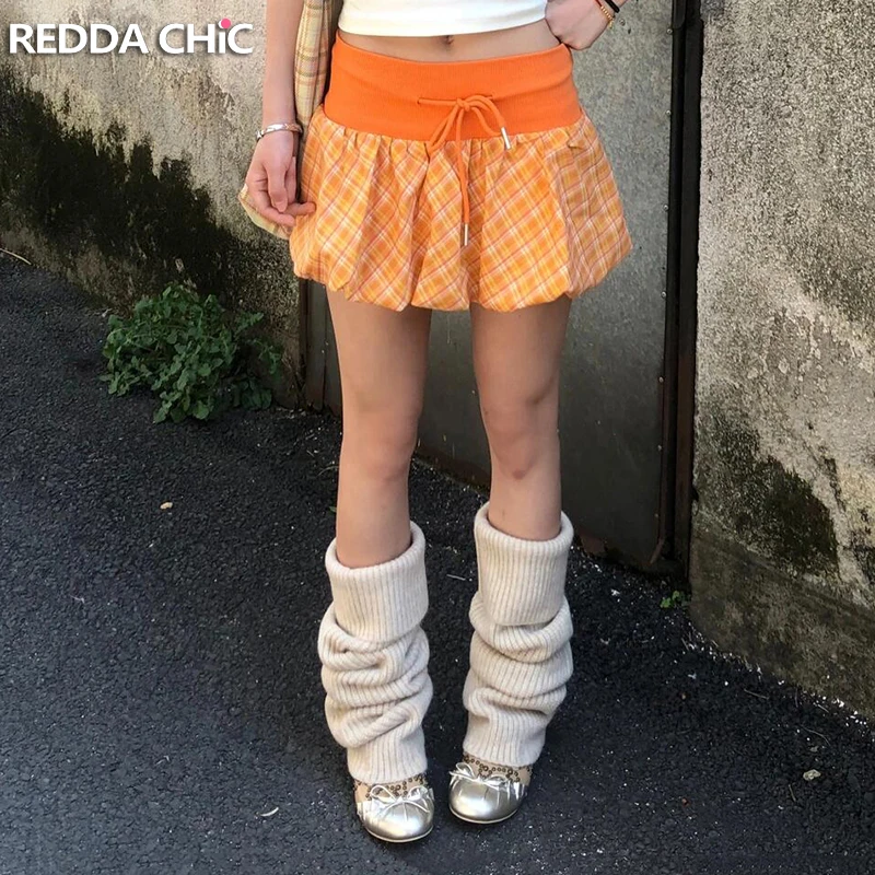 ReddaChic Orange Plaid Bubble Mini Skirt Skorts Summer Casual Drawstring Low Rise Lining Puffy Short Skirt Sexy Women Clothes