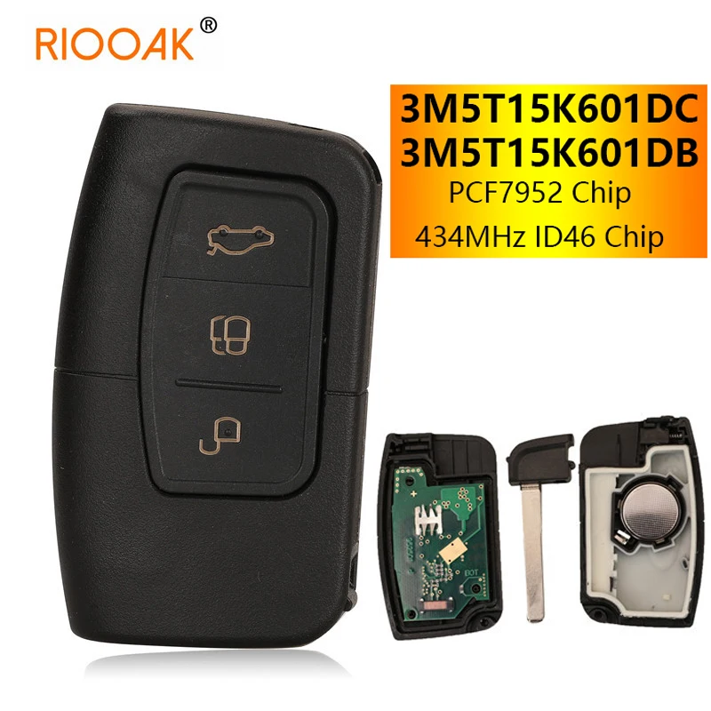 

4 Buttton Remote Car Key Fob 434Mhz ID46 PCF7952 Chip For Ford C-Max Focus MK2 Kuga Mondeo Galaxy HU101 Blade 3M5T15K601DB/DC