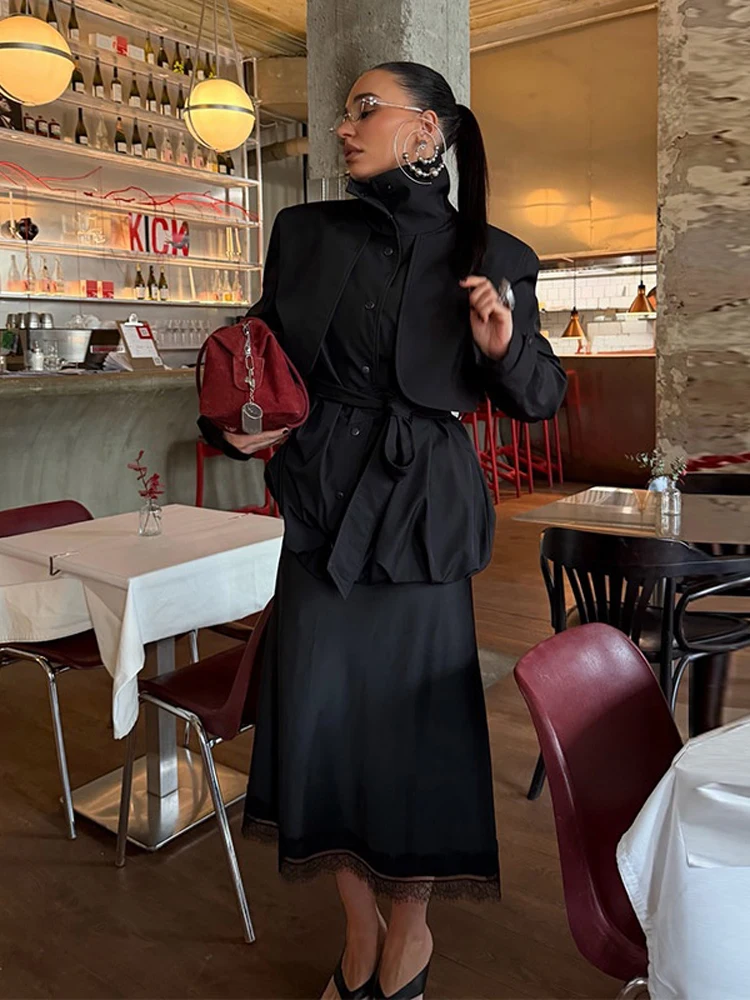 Cargo High Collar Trench Coat Shawl Collar Single Breasted With Cinched Waist Belt And Ruched Jacket Lady Daily Chic Streetwear