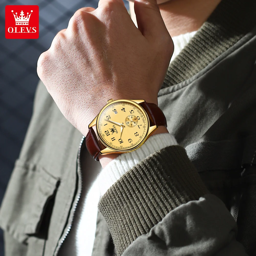 OLEVS 3622 Number Scale Quartz Watch For Men Leather Strap Original Waterproof Luminous Calendar Top Brand Fashion Man Watch image 3