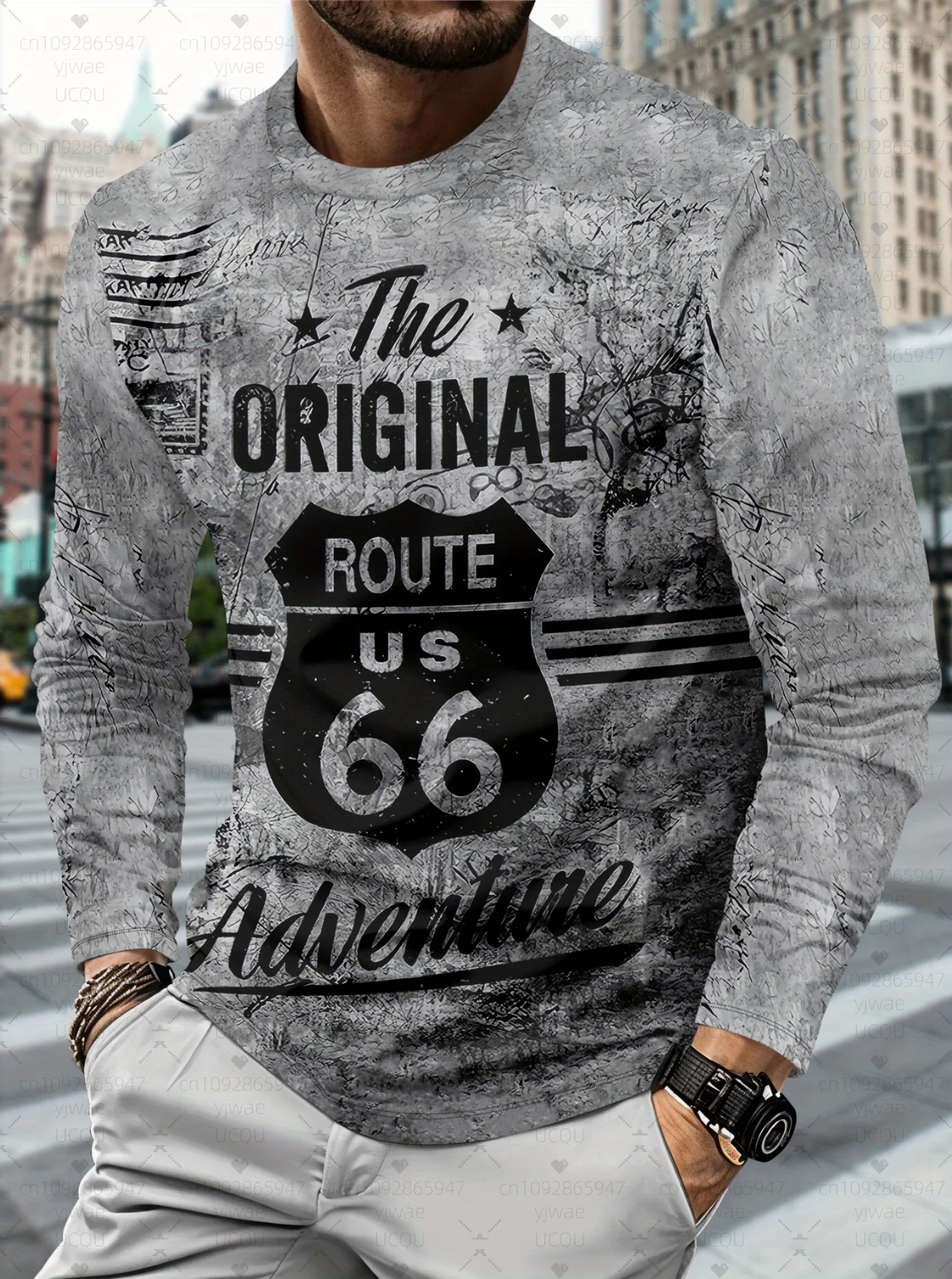 2025 تي شيرت رجالي كم طويل ثلاثية الأبعاد طباعة تي شيرت عادية خمر الرجال Vintage الطريق 66 تي شيرت فضفاض الرياضة س الرقبة الرجال الملابس