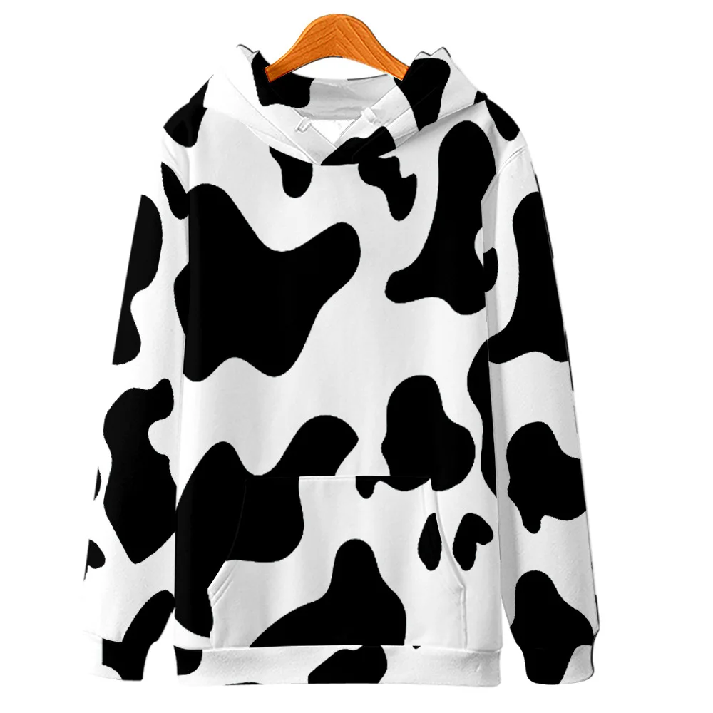 Sudadera con capucha de manga larga para hombre y mujer, abrigo informal con estampado de vaca, color blanco y negro, estilo Harajuku