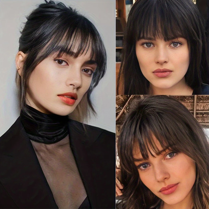 Flequillo sintético corto y lacio con clip, flequillo de aire negro, extensión para mujer, postizo 6