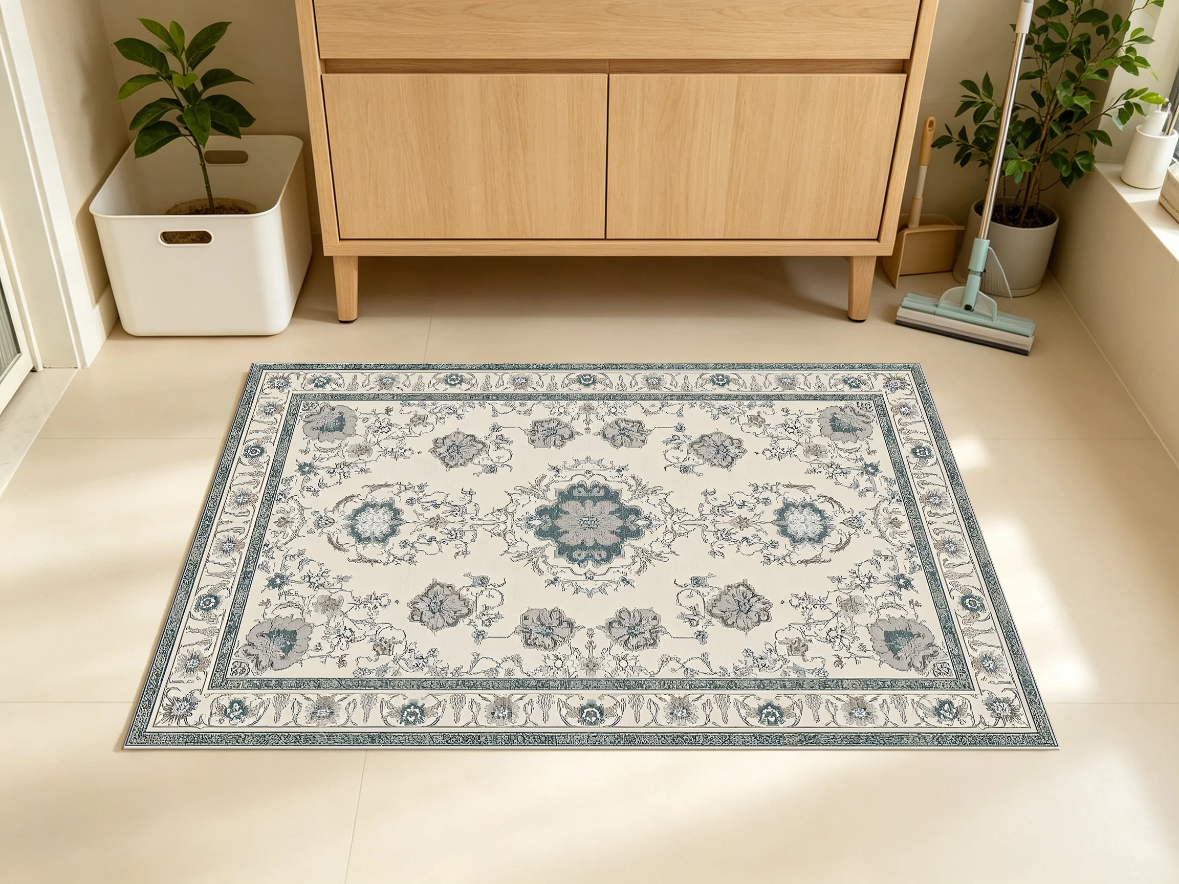 2D Beige-Gray European Retro Floral Velvet Rug: Soft & Skin-Friendly, Suitable for Living Rooms & Bedrooms, Enhances