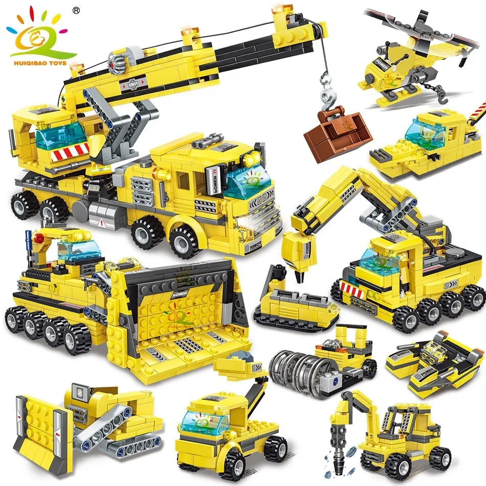 693pcs 8in1 Engineering Truck Building Blocks City Construction Bricks Set Crane Bulldozer Car For Children Kids