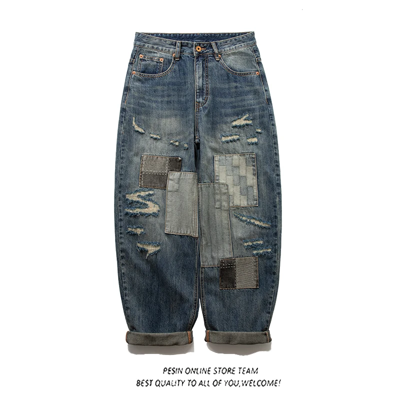 

Retro Japanese Sle Casual Loose Straight Leg Jeans Distred Patchwork Waed Long Wide Leg Pants Youth Autumn Spring Denim