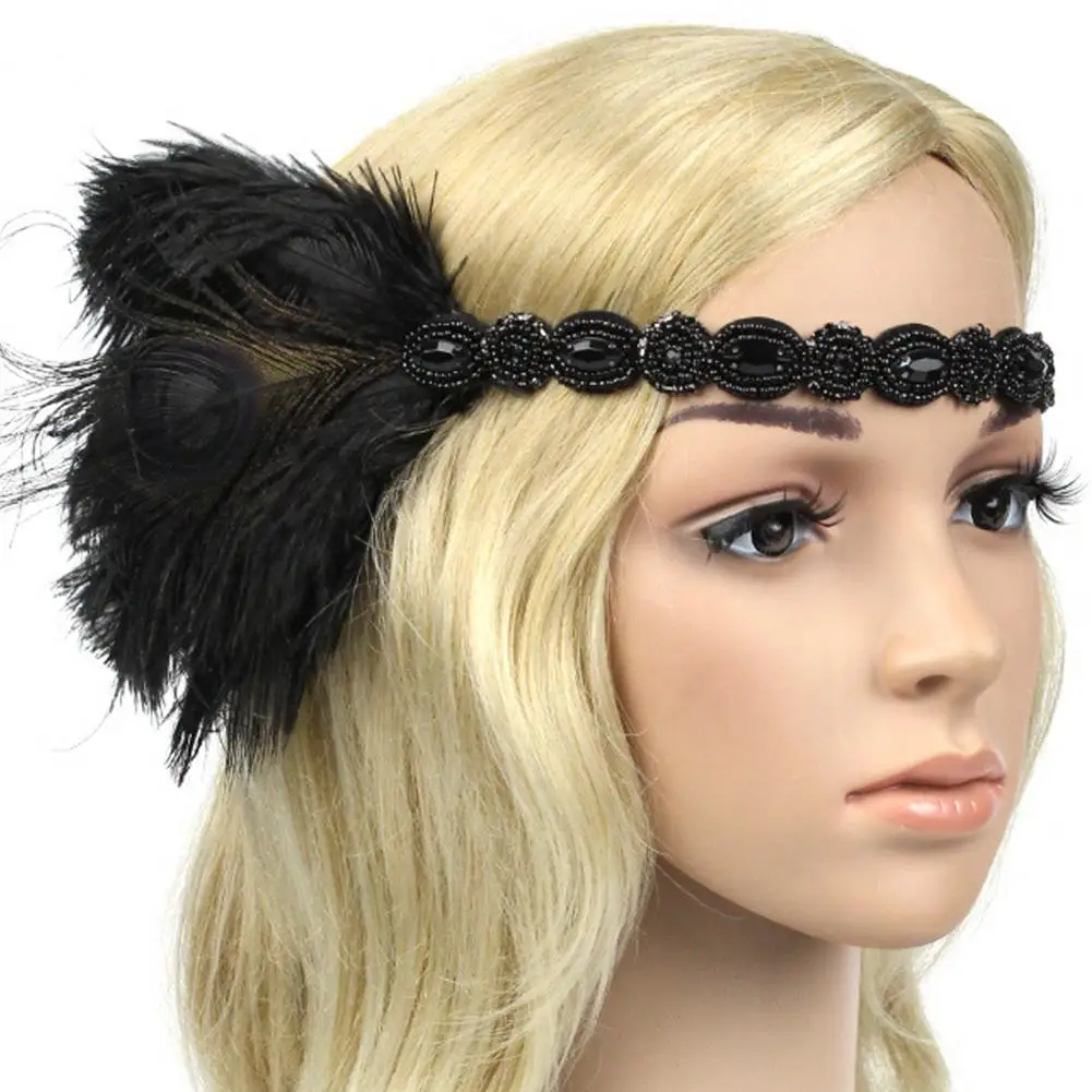 Secure Headband Vintage Gatsby Party Black Rhinestone Headband for Women 1920s Flapper Prom Hair Band with Feather Headpiece