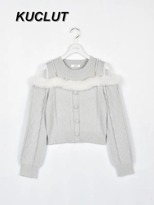 เสื้อสเวตเตอร์ไหมพรมสำหรับผู้หญิง ลายเพชร แขนยาวแบบเปิดไหล่ ทรงสั้นเข้ารูป สไตล์ญี่ปุ่นใหม่ สำหรับฤดูใบไม้ร่วงและฤดูหนาว