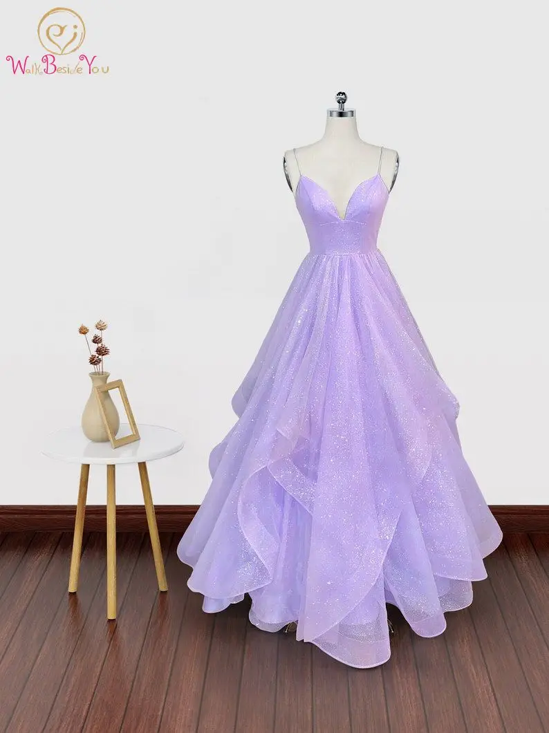 Lilac Long Prom Dresses 2024 Glitters Tulle Ball Gown Spaghetti Strap Sleeveless Evening Gowns CUSTOM MADE