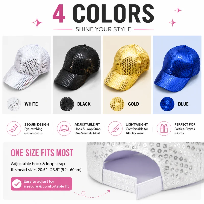 Hip-Hop Style Sequined Baseball Cap and Colored Lens Glasses Set, Party Sparkly Masquerade Accessories, Halloween Costume Props