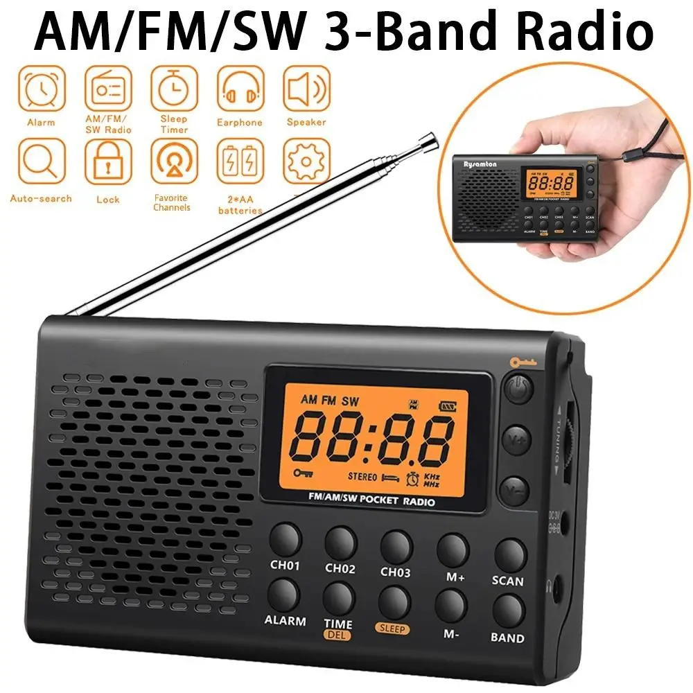 AM/FM/SW Shortwave Radio Battery Operated Handheld Stereo Radio Receiver Sleep Timer Retractable Antenna 3-Band Radio Walking