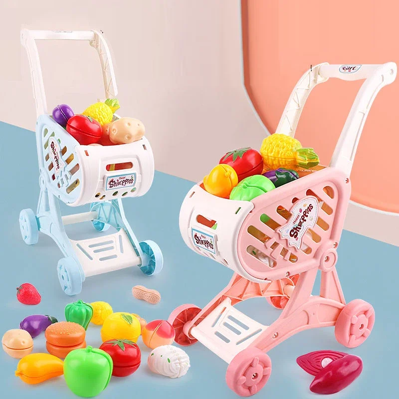 

Creative Shopping Trolley Cart Supermarket Trolley Push Car Toys Basket Mini Simulation Fruit Food Pretend Play Toy for Children