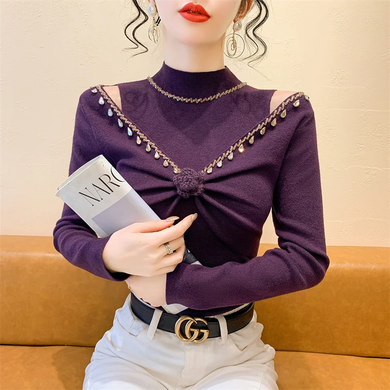 

Women Hollow Out Knit Sweater Off Shoulder Slim Fit High Neck Top Autumn Winter