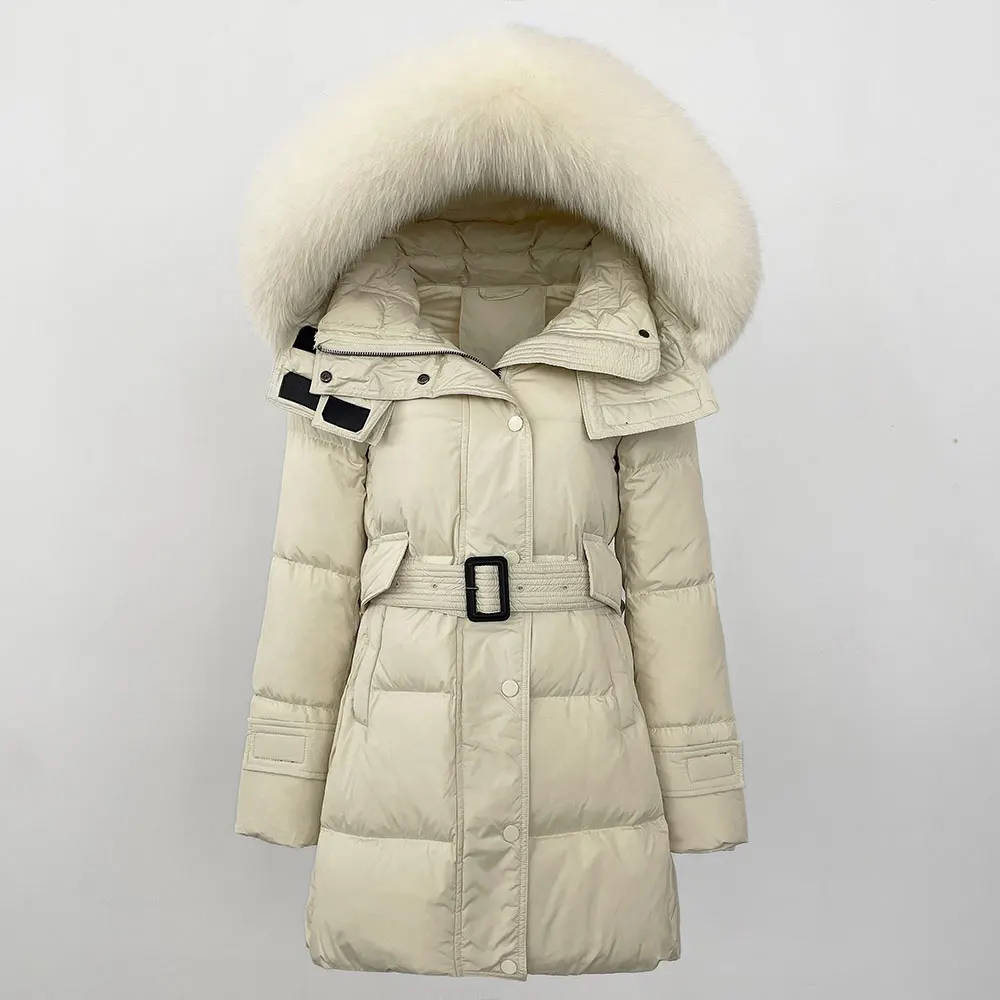 Real Fur Down Jacket Puffer Lady Hooded Belt White Duck Down Jacket Women Warm Thick New Winter Real Fox/Raccoon Fur Coat