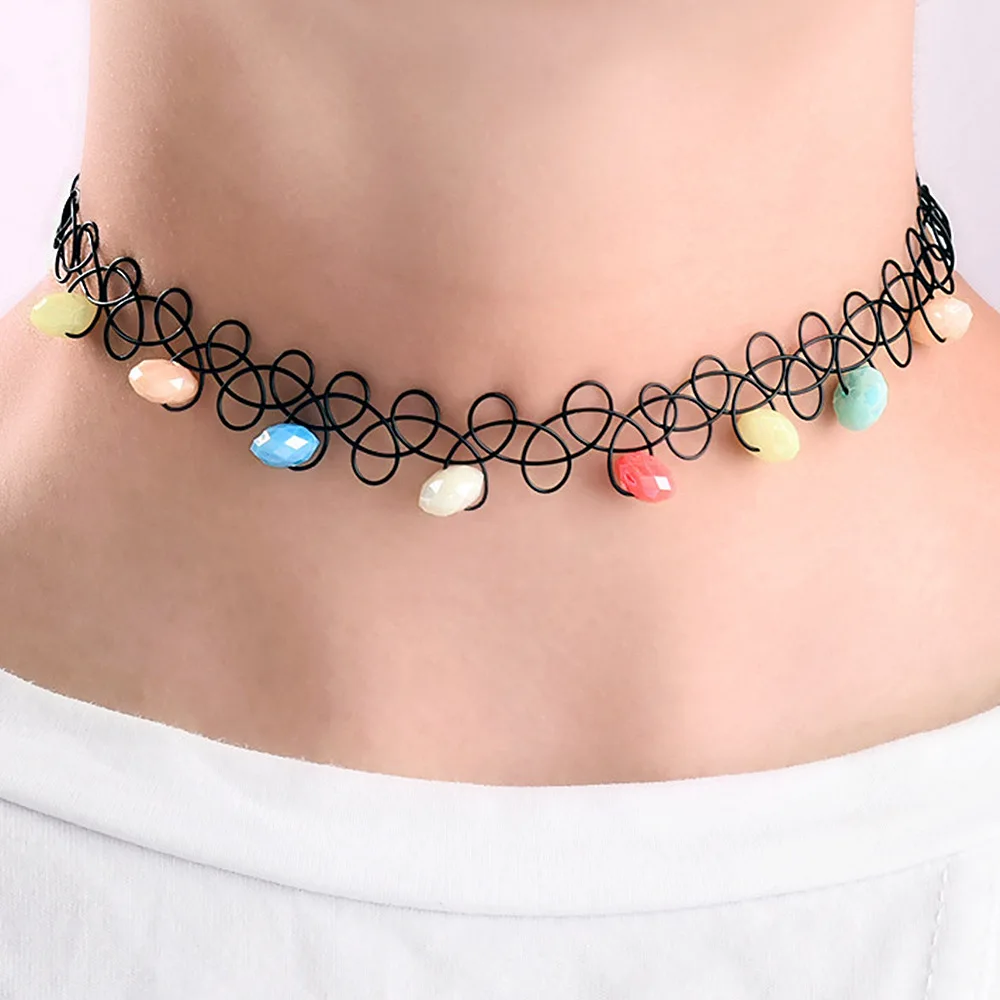 

Hot Sale Fashion Mother Daughter Same Style Elastic Color Crystal Beads Collar Black Fish Line Pearl Tattoo Necklace