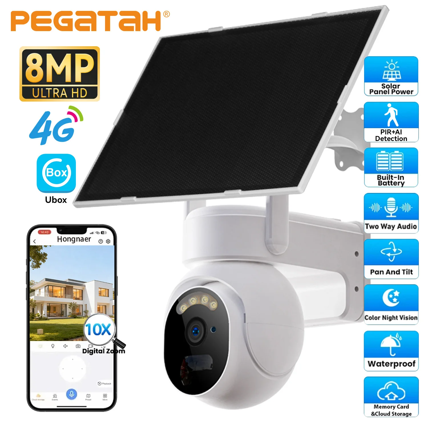PEGATAH 4K 8MP 4G Solar Camera 8MP Outdoor Wireless Battery Powered Security Cam PIR Motion Alarm Cloud Storage IR Night Vision