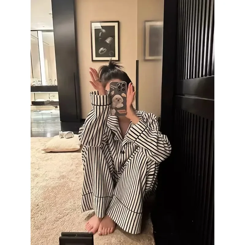 Stripe Pajamas Women Spring and Autumn 2024 New Pure Cotton Long sleeve Wide Leg Pants Summer Idle Homewear Set
