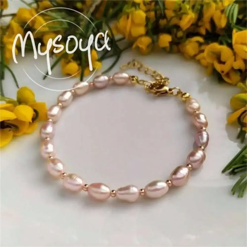 

MYSOYA Pink Freshwater Rice-shaped Pearl Bracelet 6-7mm Pearls Gift Box Gift for Her Wedding Jewelry Christmas New Year Gift