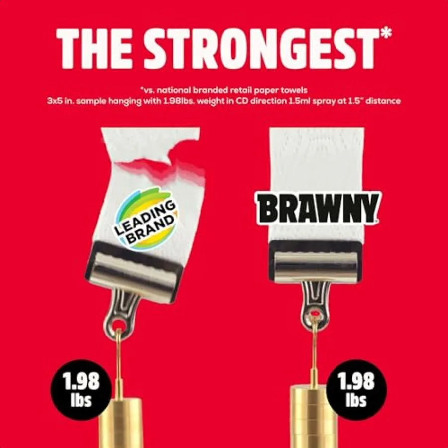 Brawny TearASquare 3 طبقات مناشف ورقية 12 لفة عائلية مقاس XL = 30 لفة عادية قوية ماصة ومتينة مع 3 أحجام ورقية كوارت