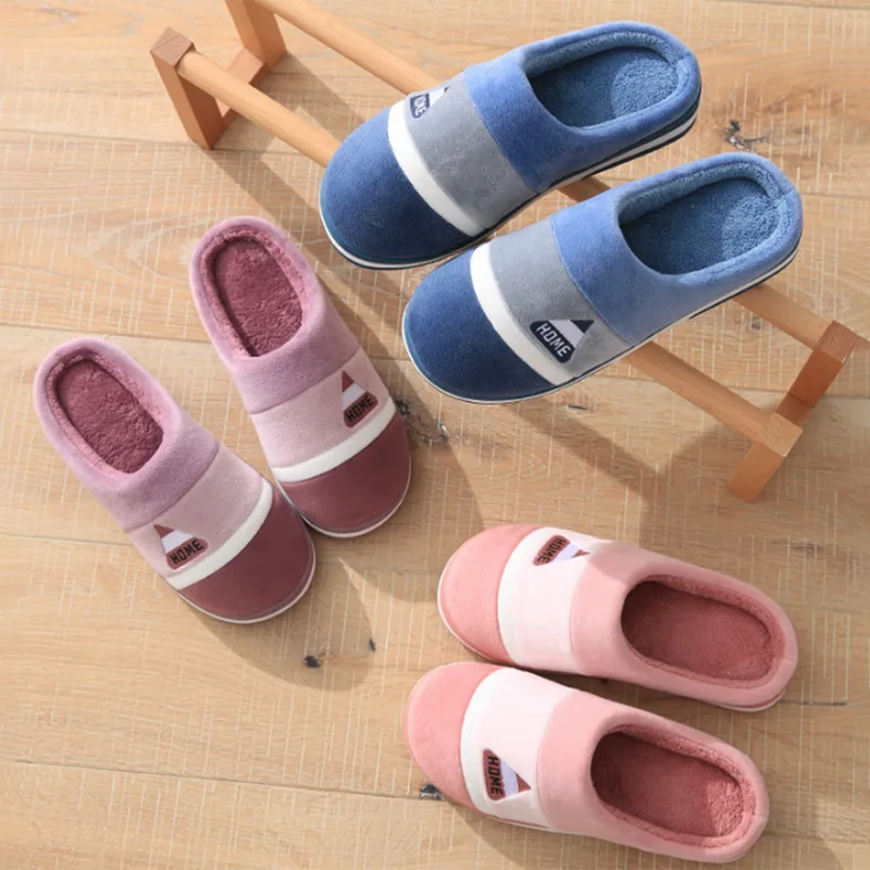 Classic Men Slippers Winter Warm Cotton Slippers For Men Home Wear-Resistant Stripe Non-slip Indoor Slides Couple Women Shoes