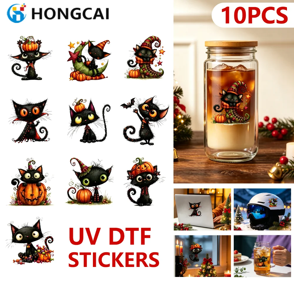 10 Sheets Halloween Black Cat Pumpkin UV Crystal Labels DTF Transfer Stickers, DIY Decor Decals for Glass Cups, Laptops &Helmets