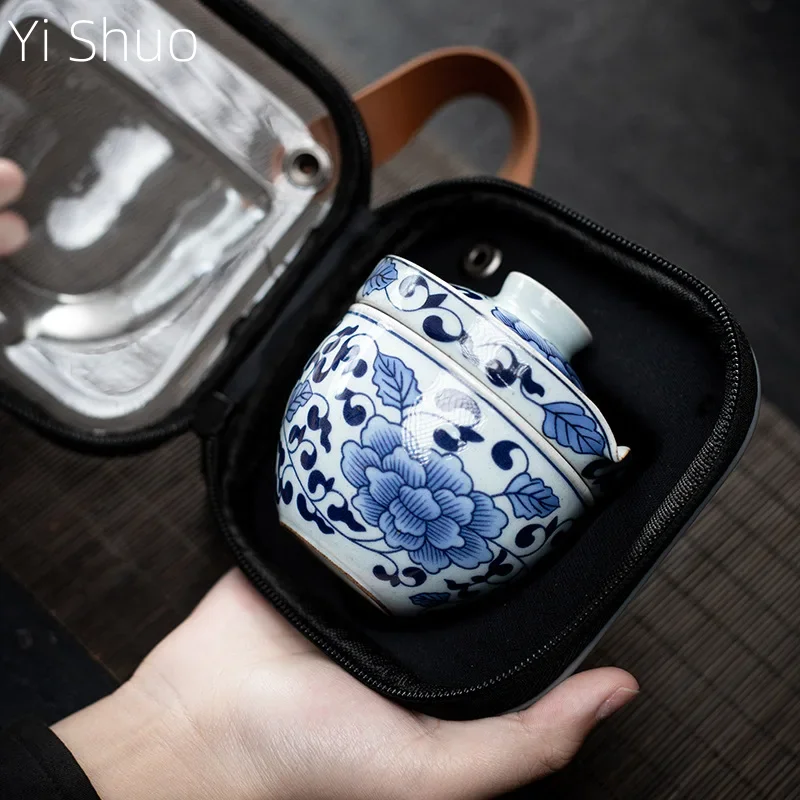 Blue and White Porcelain Travel Tea Set Convenient Carrying Ceramic Tea Set Quick Cup Tea Set One Pot One Cup Kung Fu Tea Set