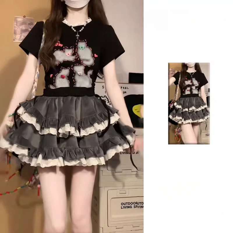 

Ballet Style Lace Cake Puffy Black Skirt for Women Summer High Waist Loose Casual Lolita Sweet Girl A-line Short Skirt A678