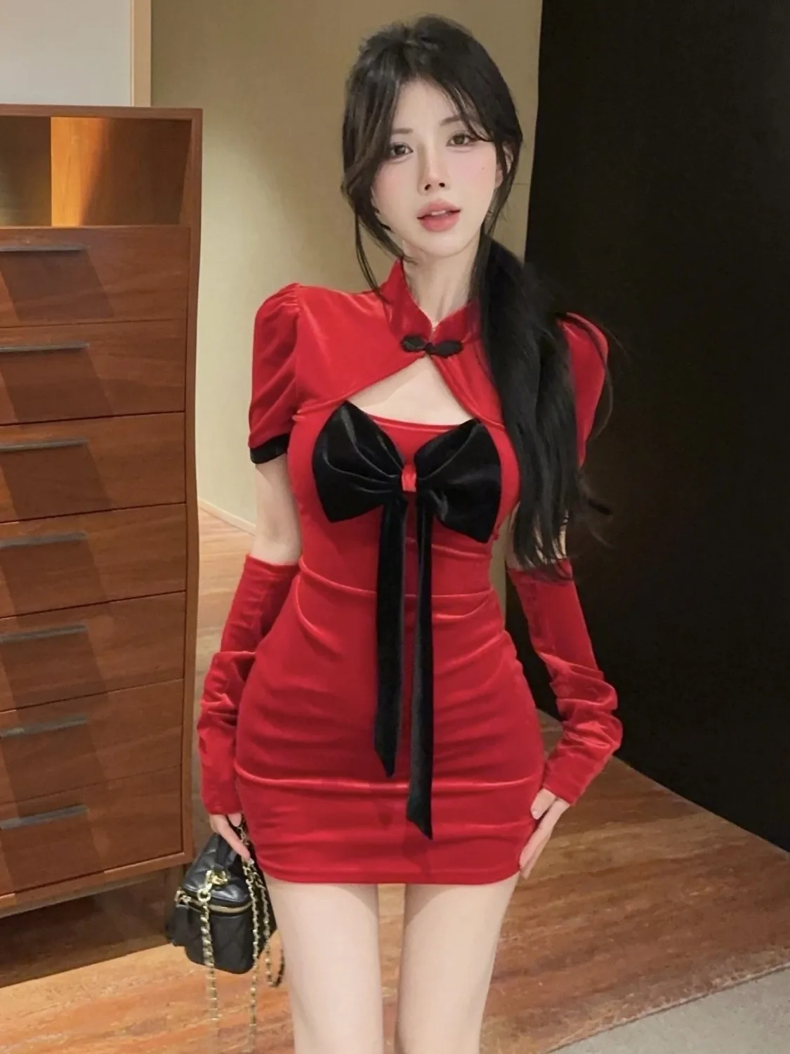 

Sexy Velvet Knot Dr Women's Autumn Winter Pure Desire Sexy Bodycon Skirt Red Dr High Waist Long Sve ort ...