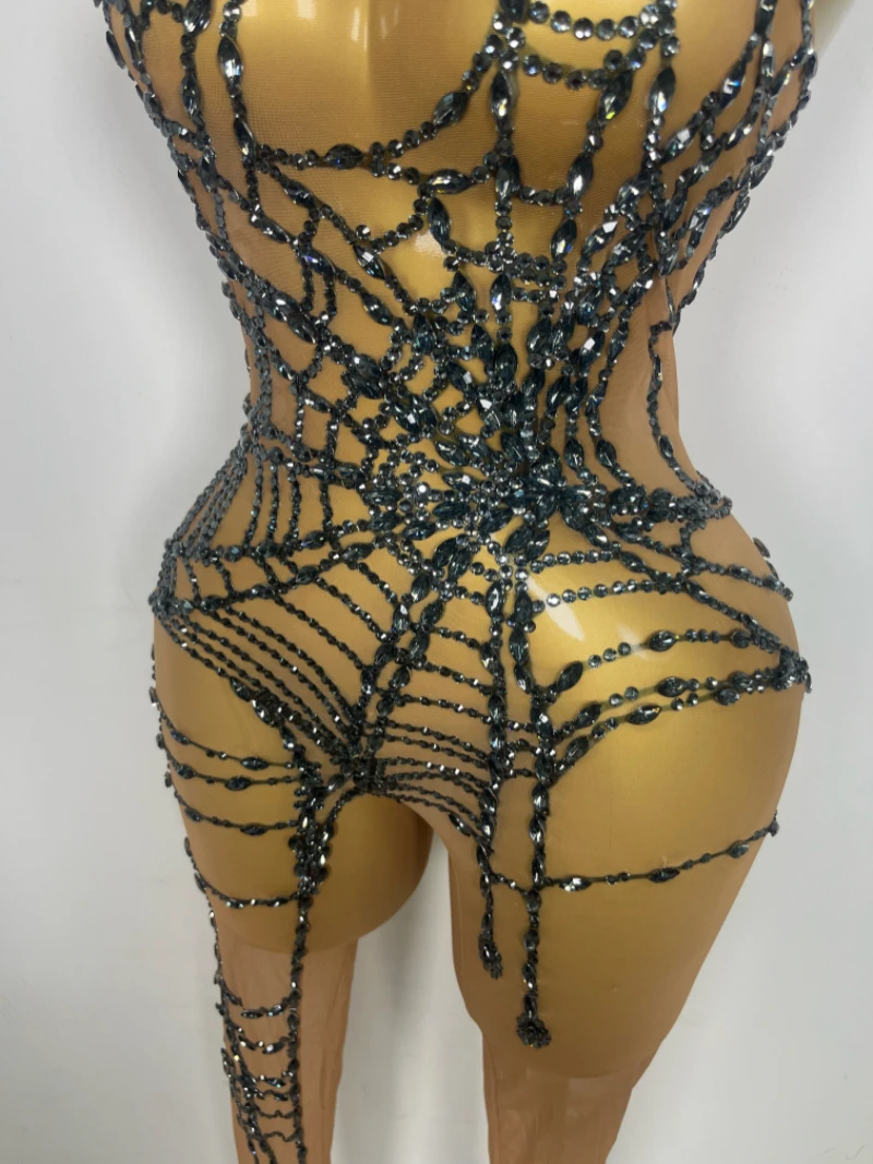 Women Perform Dance Costume Sleeveless Rompers Party Birthday Nightclub Stage Outfit Sparkly Rhinestone Stretch Mefh Jumpsuit