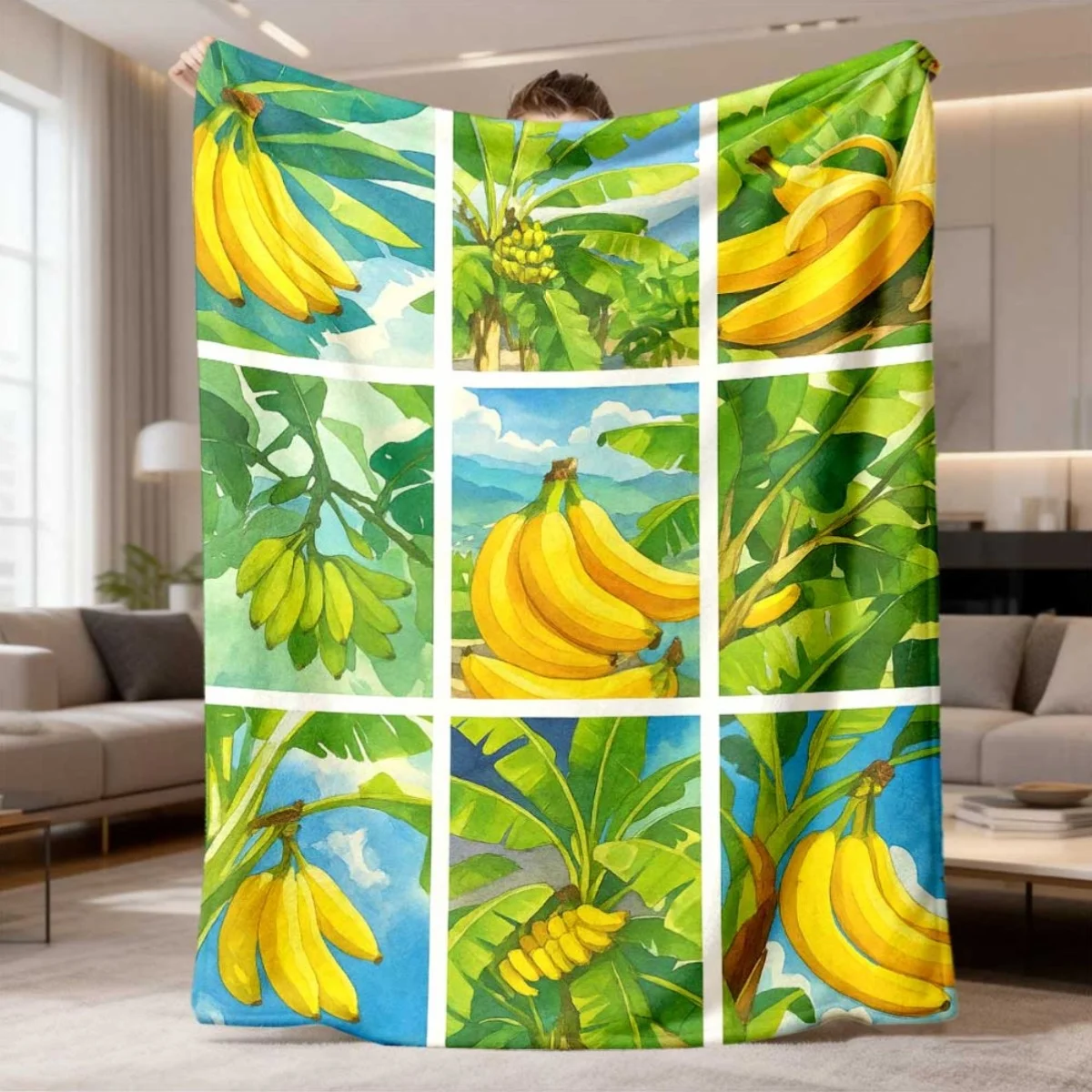 1pc Banana Theme Printed Throw Blanket | Vibrant Yellow & Green Patchwork Design, Soft Polyester, Perfect for Birthdays, Valenti