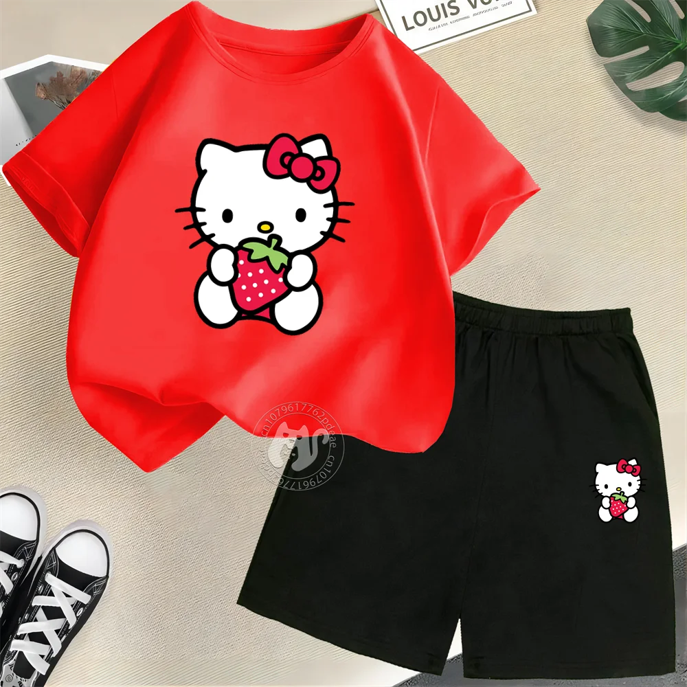 Sanrio Kids Summer 100% cotton Short sleeve T-shirt + Shorts Like strawberry Hello Kitty print Teen Boys Girls playful sweet set