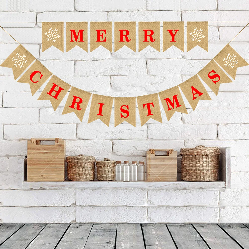 

Merry Christmas Letter Bunting Banner Linen Burlap Snowflake Design Swallowtail Pull Flag Christmas Party Decoration Banner