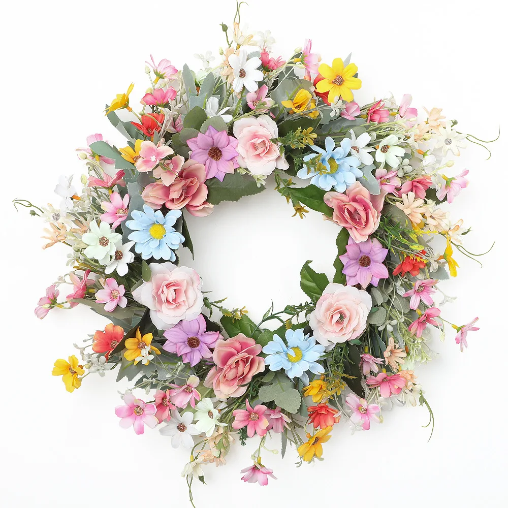 YeeNanee Vibrant Wild Flowers Spring Wreaths for Front Door Artificial Daisy Tulip Lambs Ear Summer Wreath Home Wall Decoration