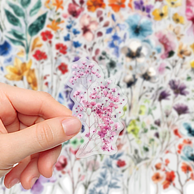 50Pcs Transparent Flower Stickers Vintage Natural Floral Plant Decorative Decals for Scrapbook Supplies Journaling Supplies DIY