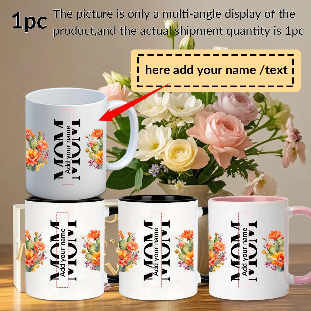 

11oz Customized Name Print Mom & Flowers Ceramic Cup with Handgrip Hot Insulated Mother's Day Gift for Mom Drink Cups Milk Mugs