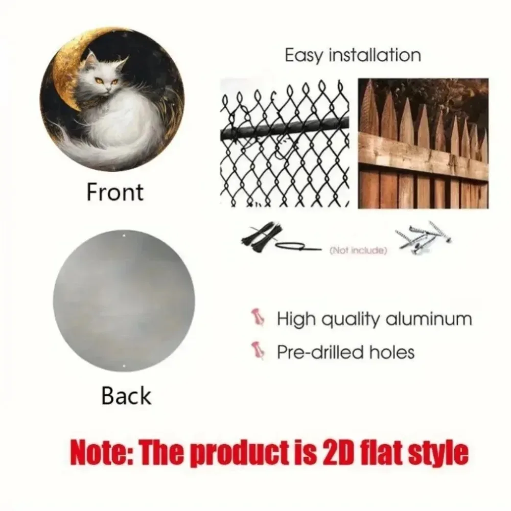 لافتة ديكور كلاسيكية على شكل قطة بيضاء - لوحة حائط مستديرة من الألومنيوم مقاس 8 × 8 بوصة، خالية من البطارية لحفلات المكتب والمطبخ والمقهى