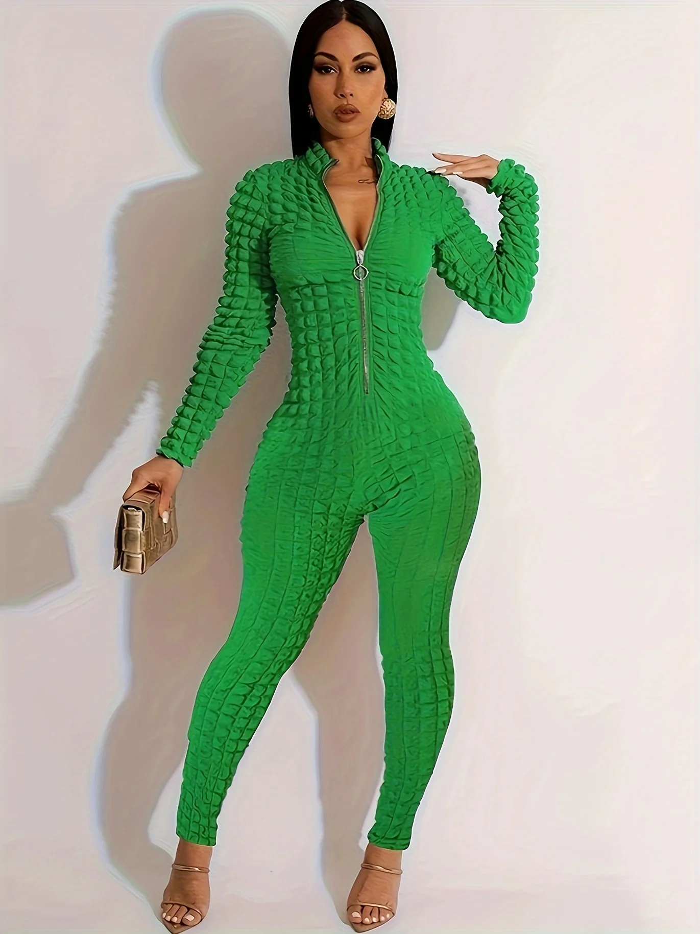 Women's Jumpsuit Solid Color Multicolor Wave Pattern Jumpsuit Long Sleeve Casual Zipper Jumpsuit Long Pants Overalls for Women