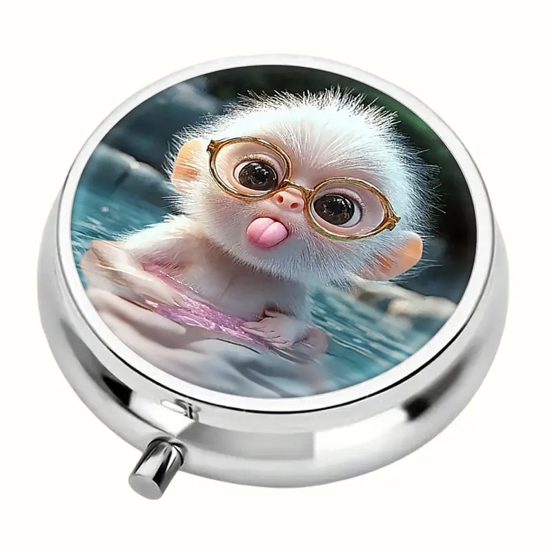 1 Cute Monkey Wearing Round Glasses Pill Box, 3-Compartment Metal Pill Box, Whimsical Animal Design, Convenient to Store in a Handbag, Fun Gift for Monkey Lovers
