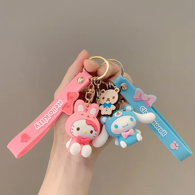 Hello Kitty Keychain Cartoon Pendant Schoolbag Car Key Ring Couple Key Chain Metal Chain Silicone Birthday Gift