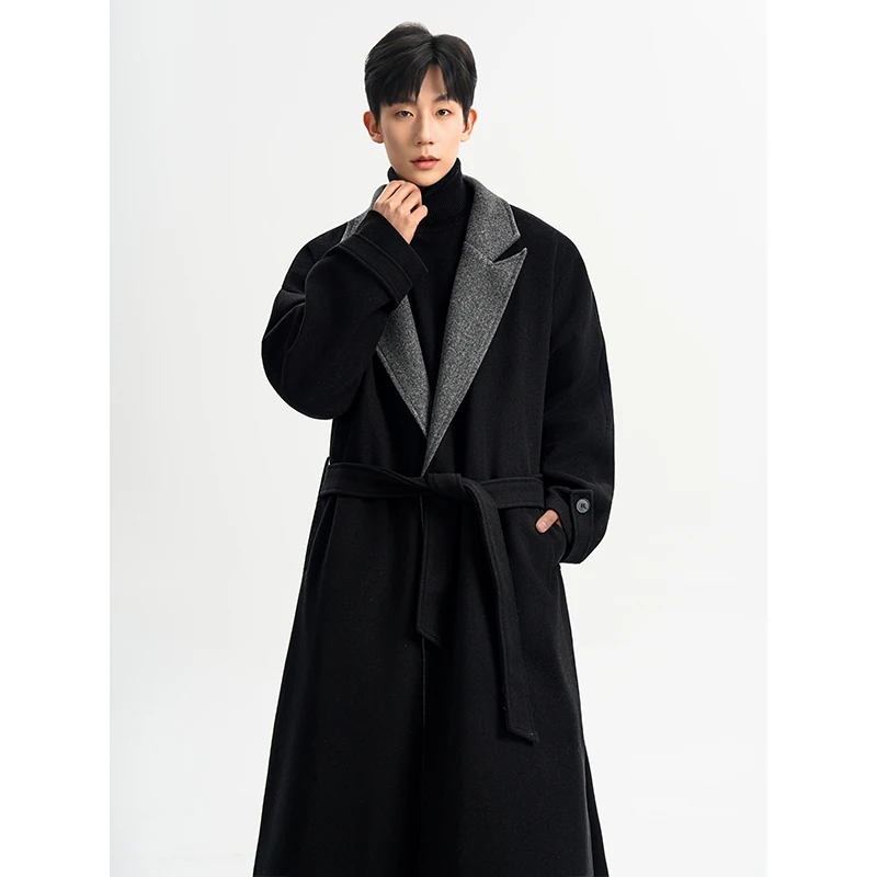 Abrigo largo de lana para hombre, de invierno, con cuello bicolor, holgado, con cinturón, grueso, cálido, estilo casual de negocios, largo maxi