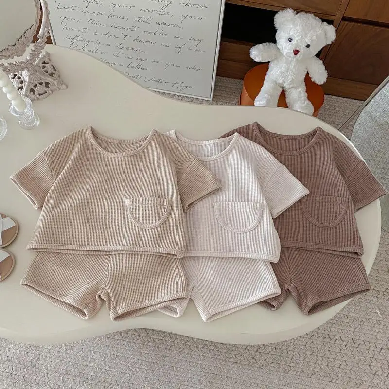 

2025 Summer New Baby Short Sleeve Clothes Set Infant Boy T Shirts + Shorts 2pcs Suit Solid Simple Toddler Girl Casual Outfits