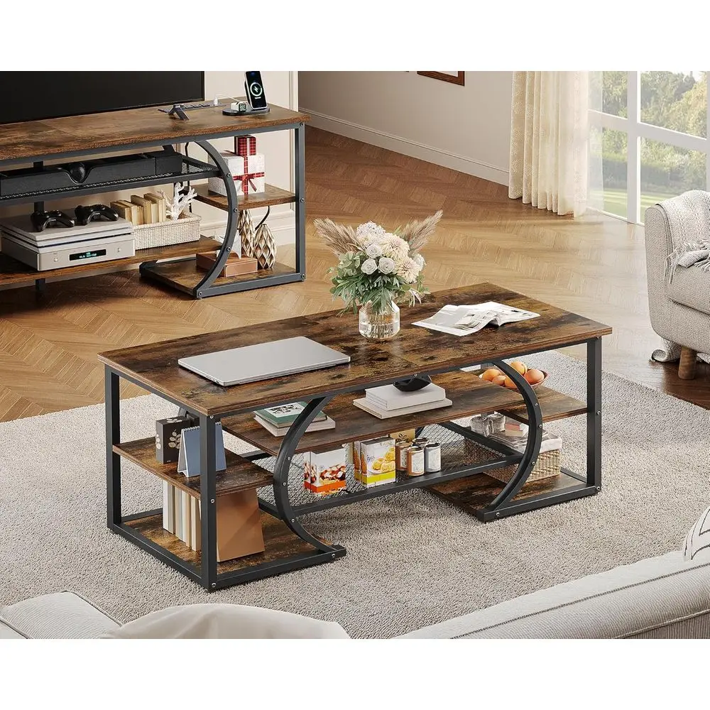 Industrial Style 5-Tier Rectangular Coffee Table with Storage Shelf, Brown Wooden Centerpiece for Living & Reception Rooms