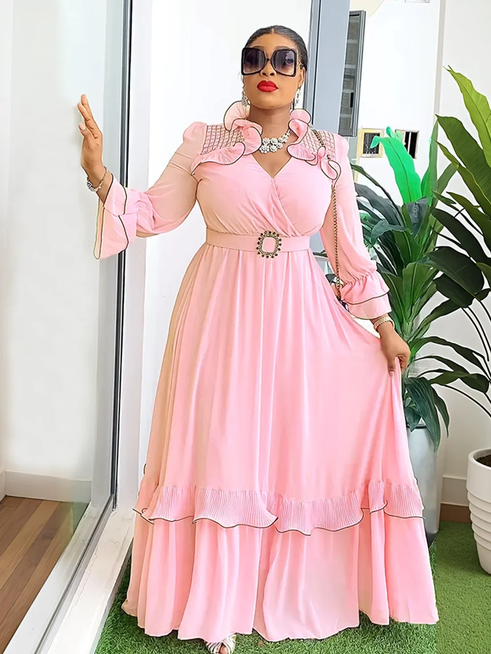 فساتين زفاف أفريقية للحفلات المسائية للنساء 2025 صيفي برقبة على شكل حرف v بوليستر 3/4 كم فستان طويل ماكسي ملابس أفريقيا